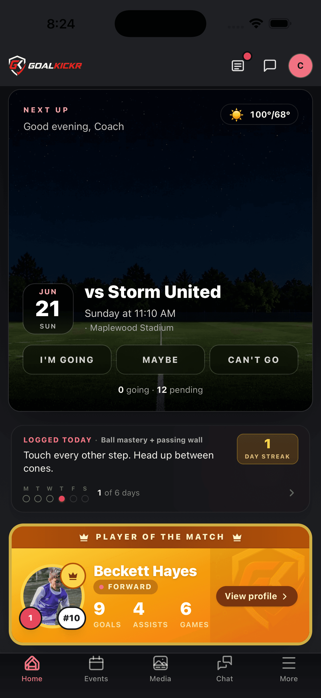Dashboard with Next Up event card and today's POTM