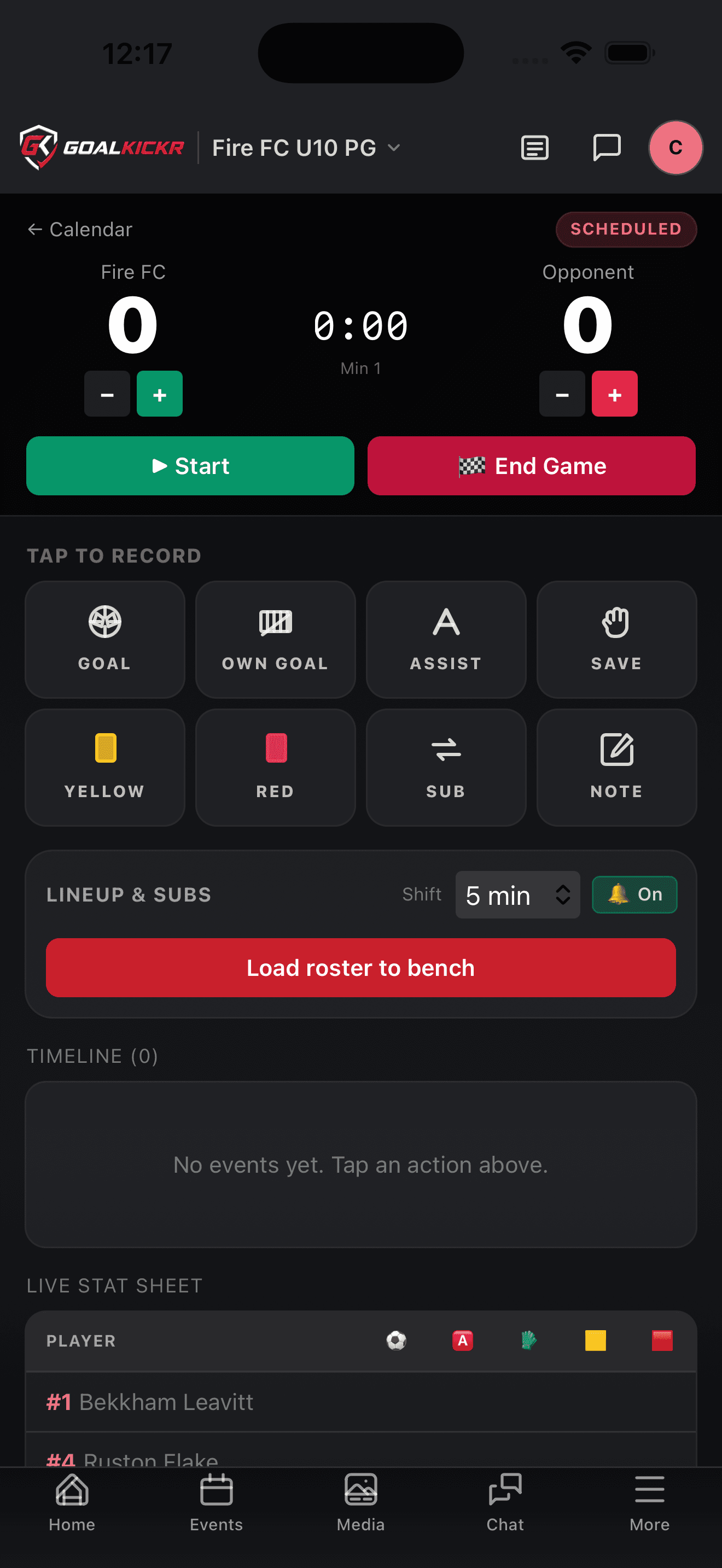 GameDay tap-to-record buttons for goals, cards, subs