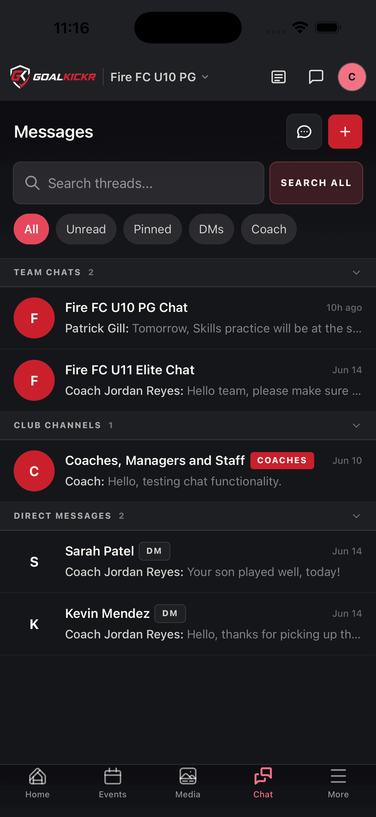 Team messages list with team chats, club channels, and direct messages